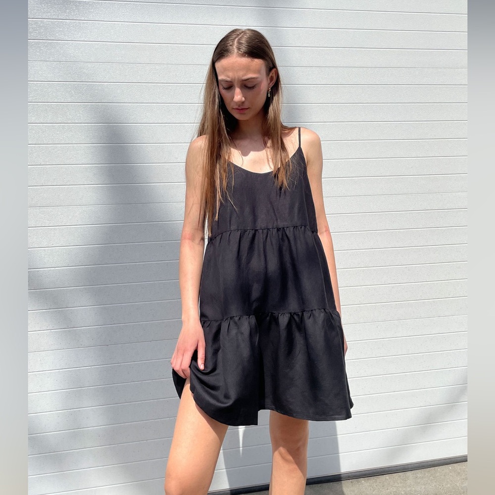 Oak + Fort Tiered Linen Mini Dress in Black
